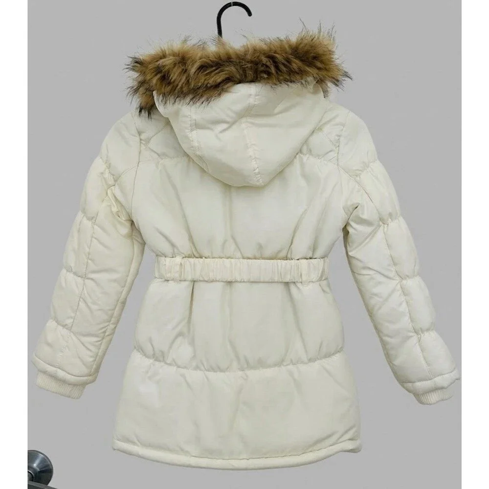 NWOT B•HIP Girls White Winter Puffer Jacket Belted Faux Fur Hood Size 8 Coat